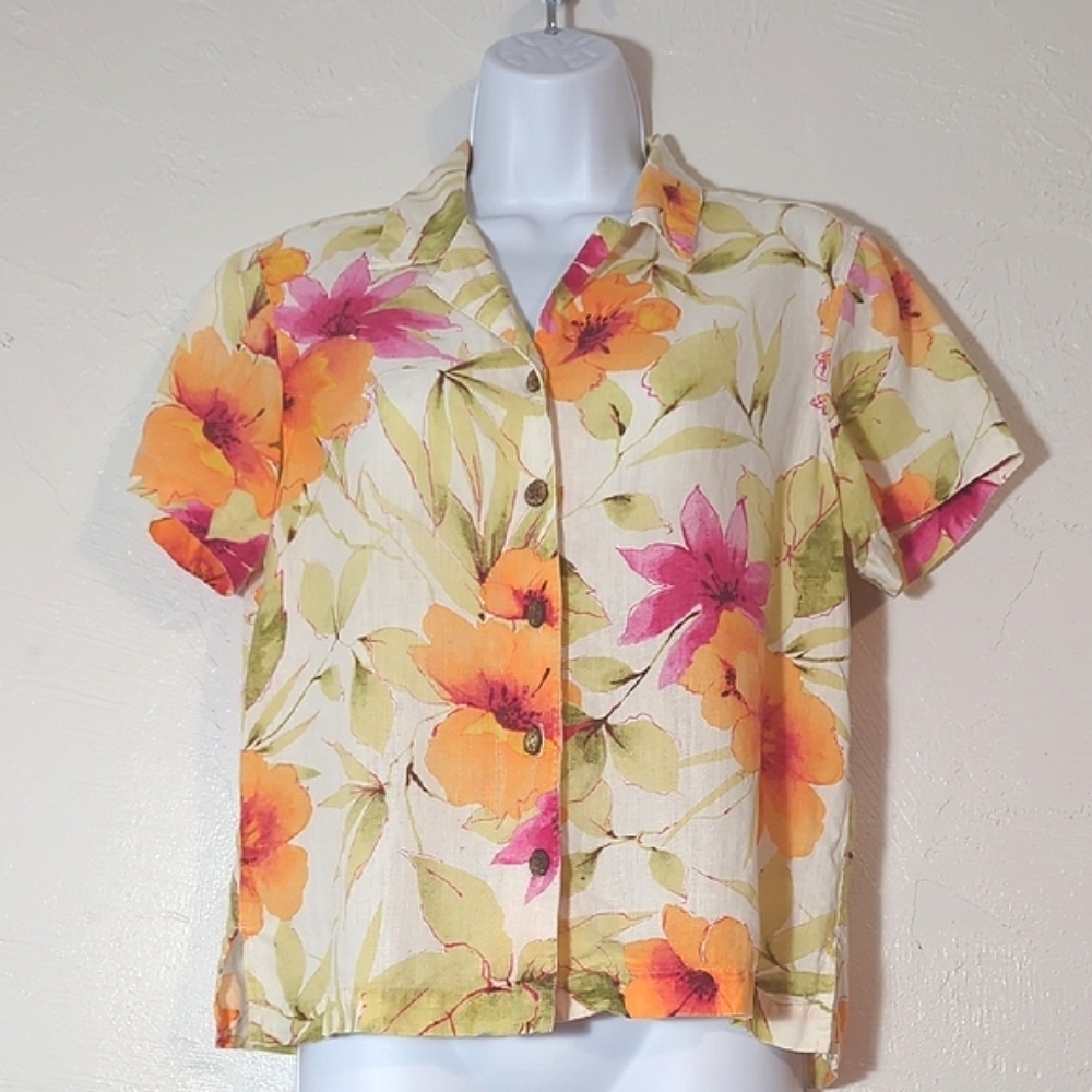 Caribbean Joe Vintage 90s Linen Hawaiian Shirt Tropical Beach Vacation Resort